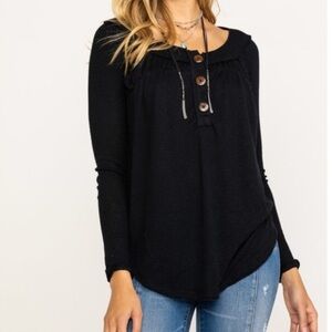 Free People Must Have Waffle Knit Henley Long Sleeve Top Black